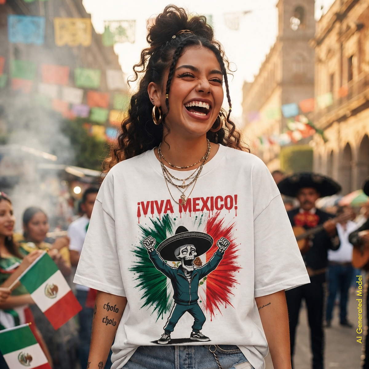 A woman wearing a white comfort colors 1717 graphic t-shirt with the text '¡VIVA MEXICO!' and a skeleton dancing in front of a green, white and red paint burst. She is smiling broadly in a festive outdoor street setting decorated with Mexican flags and banners.