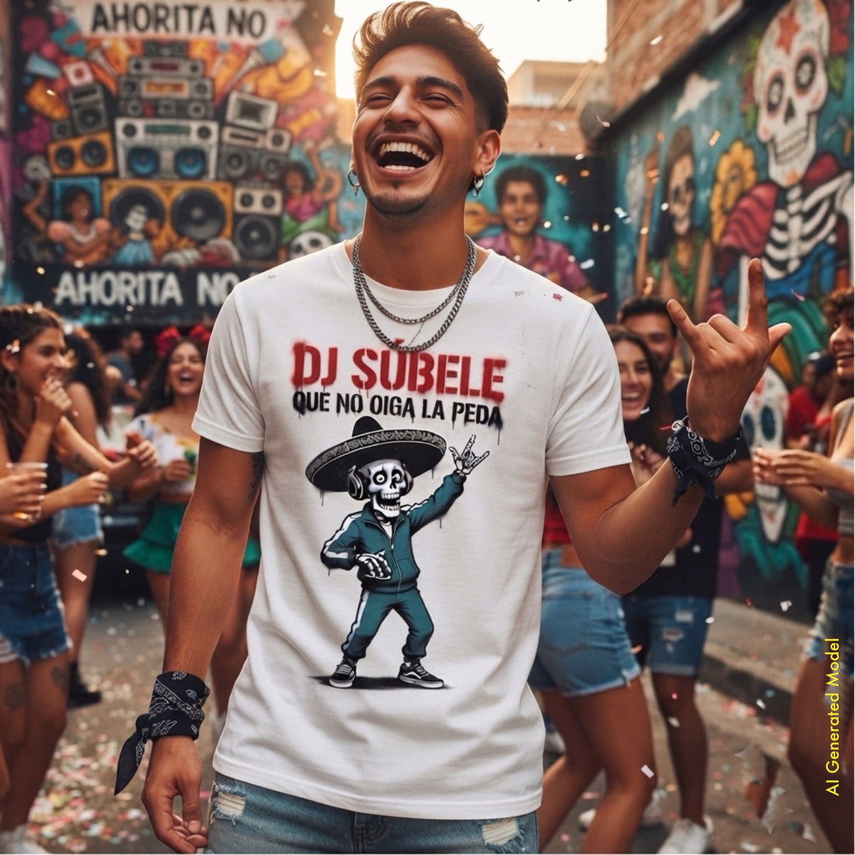 A man wearing a white graphic t-shirt with a skeleton character and the text 'DJ SUBELE QUE NO OIGA LA PEDA' stands in a colorful, festive outdoor street setting with graffiti murals and other people in the background.