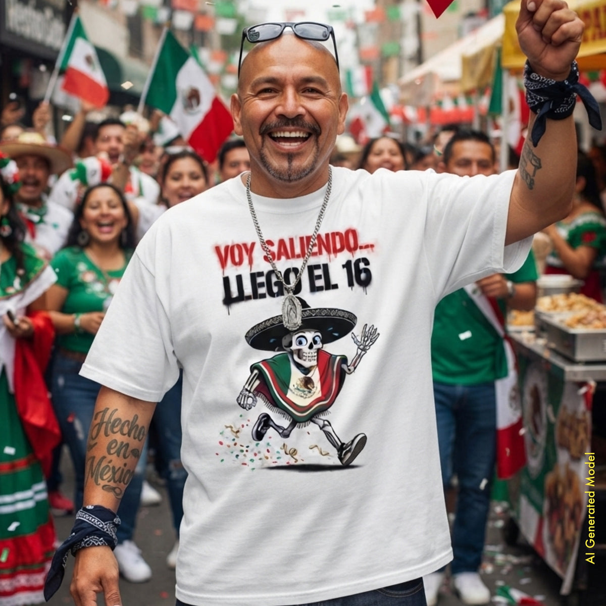 A smiling man in a street festival wearing a white graphic unisex comfort colors 1717 T-shirt with red and black text reading 'VOY SALIENDO...LLEGO EL 16 ¡VIVA MEXICANA Colleection ¡OYE! Originals