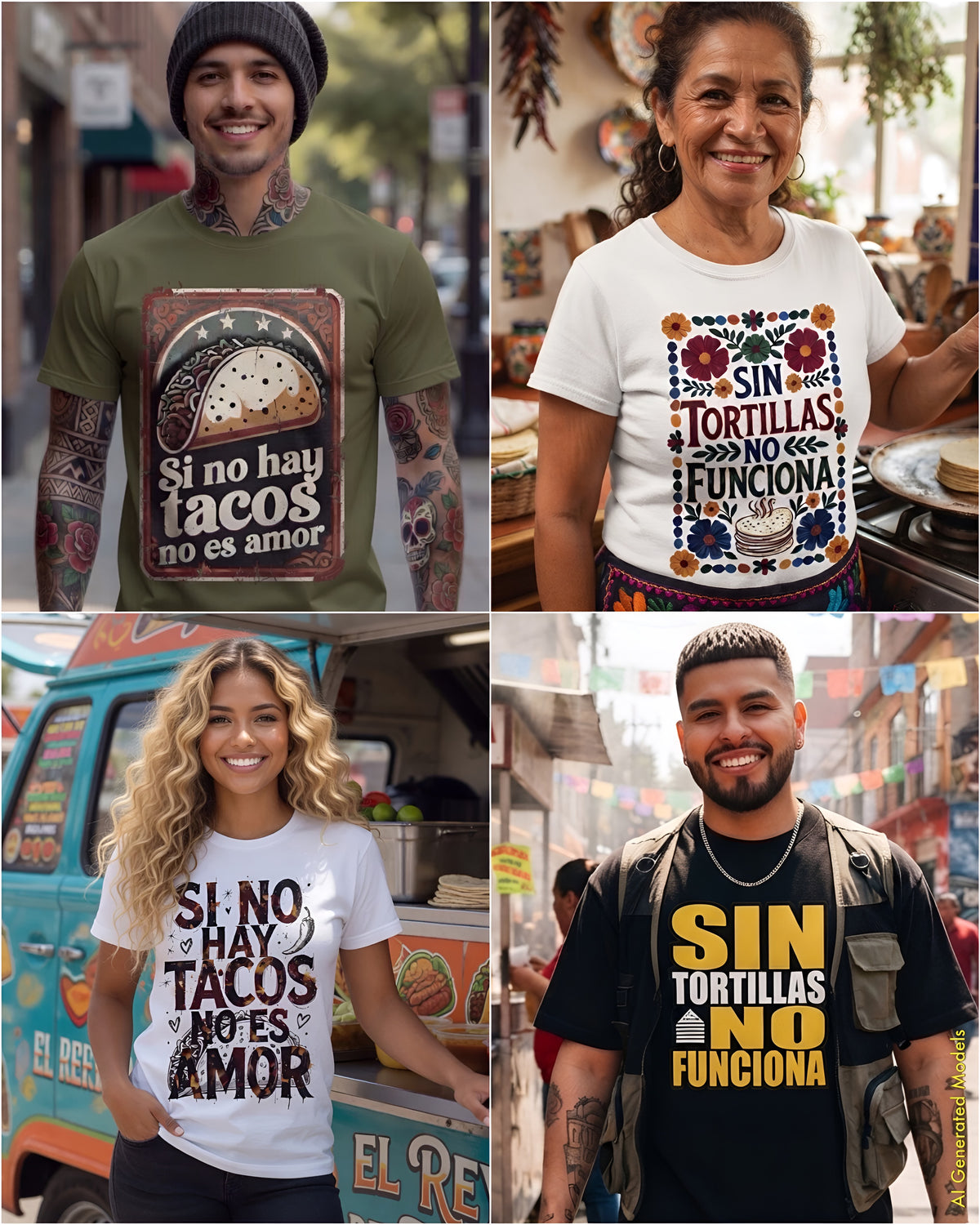 Four ¡OYE! Food & Familia tees on US Mexican models: “Si no hay tacos no es amor” on a streetwear guy and a woman at a taco truck, and “Sin tortillas no funciona” on an abuela in the kitchen and a man at a mercado.