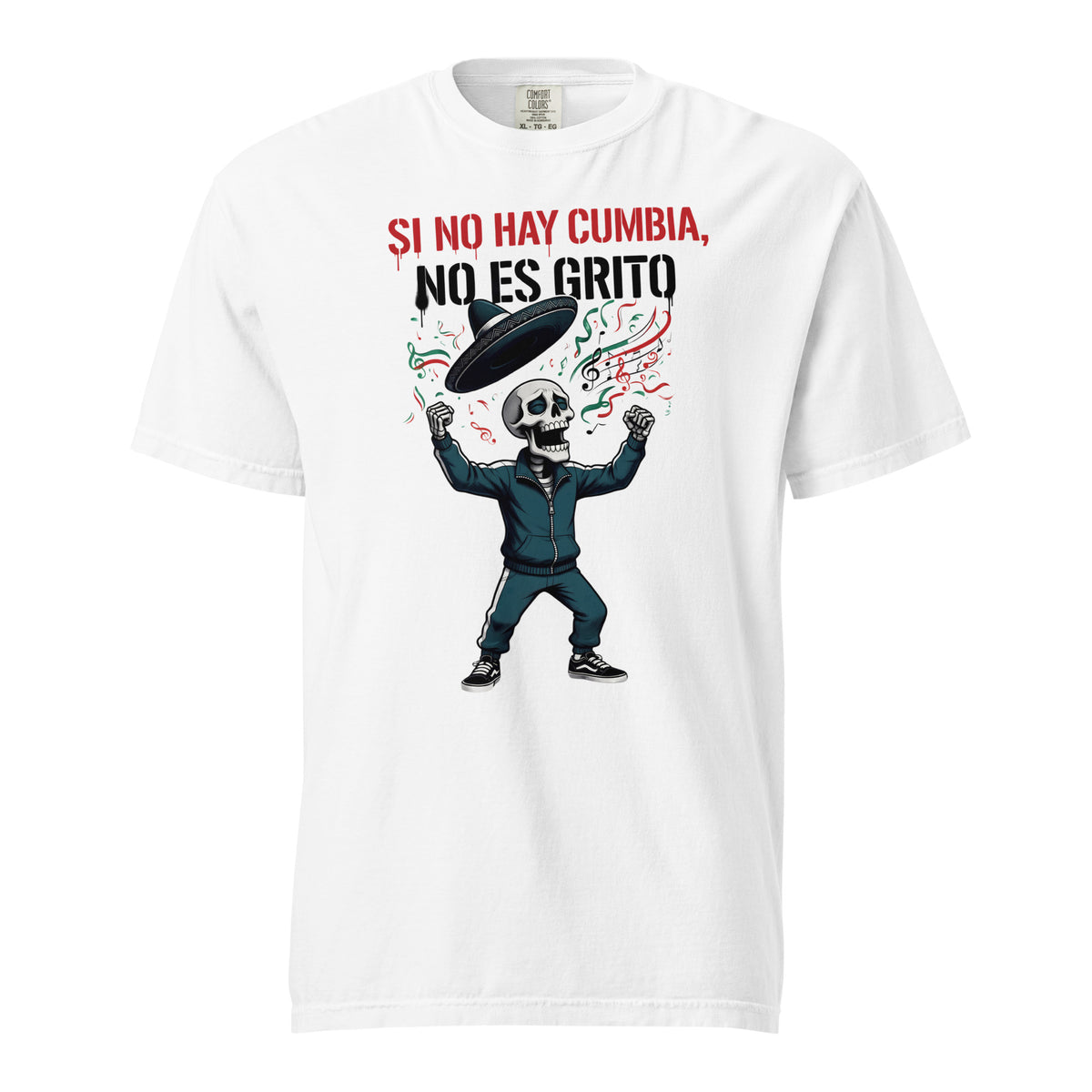 A White Comfort Colors 1717 T-Shirt Product mockup - Full Front View with a DTG printed graphic of Flaco Calaca ¡OYE! Originals character Mascot with a Sombrero surrounded by musical notes.