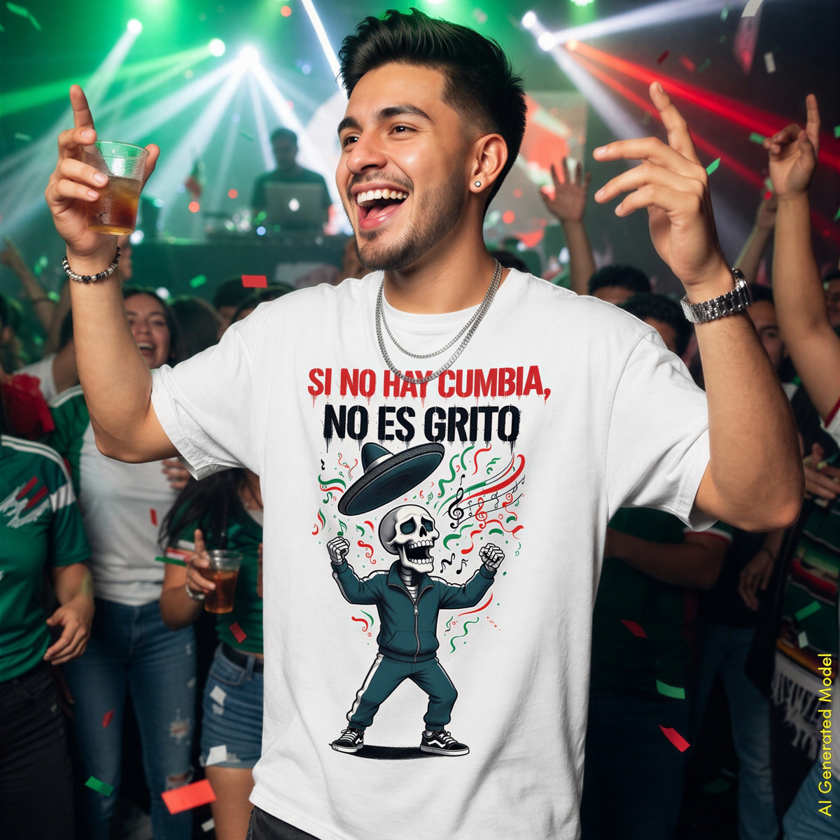 A man at a Mexican Independence party wearing a white Relaxed Fit Comfort Colors 1717 graphic t-shirt with the Spanish text 'SI NO HAY CUMBIA, NO ES GRITO' and a skeleton dancing with a sombrero. The background shows a lively club scene with confetti, people, and colorful stage lights.
