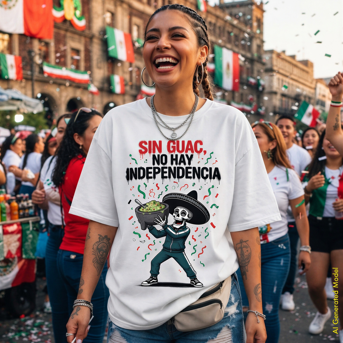 A woman wearing a white graphic t-shirt with the Spanish text 'SIN GUAC, NO HAY INDEPENDENCIA' and a cartoon skeleton holding green salsa, standing in a festive street parade with Mexican flags and confetti.