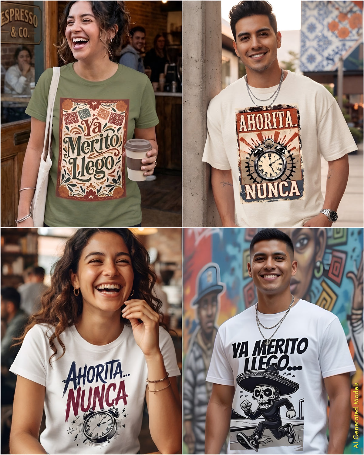 Four ¡OYE! Everyday Truths tees: “Ya meríto llego” and “Ahorita… nunca” on Mexican American models — café, street, and mural scenes.