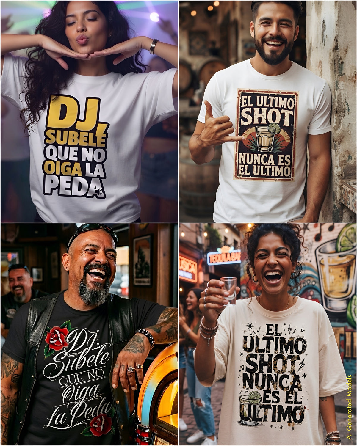 Four ¡OYE! La Fiesta tees: “DJ súbele que no oiga la peda” and “El último shot nunca es el último” on Mexican American models at a club, bar, and jukebox.