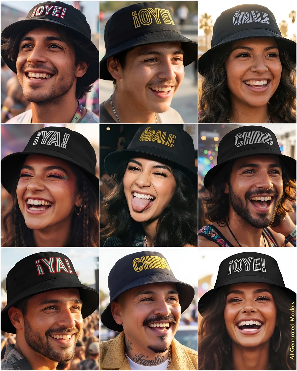 A 3x3 photo grid of smiling Mexican-American models wearing black bucket hats with embroidered Spanish typography including ¡Oye!, Órale, ¡Ya!, and Chido.
