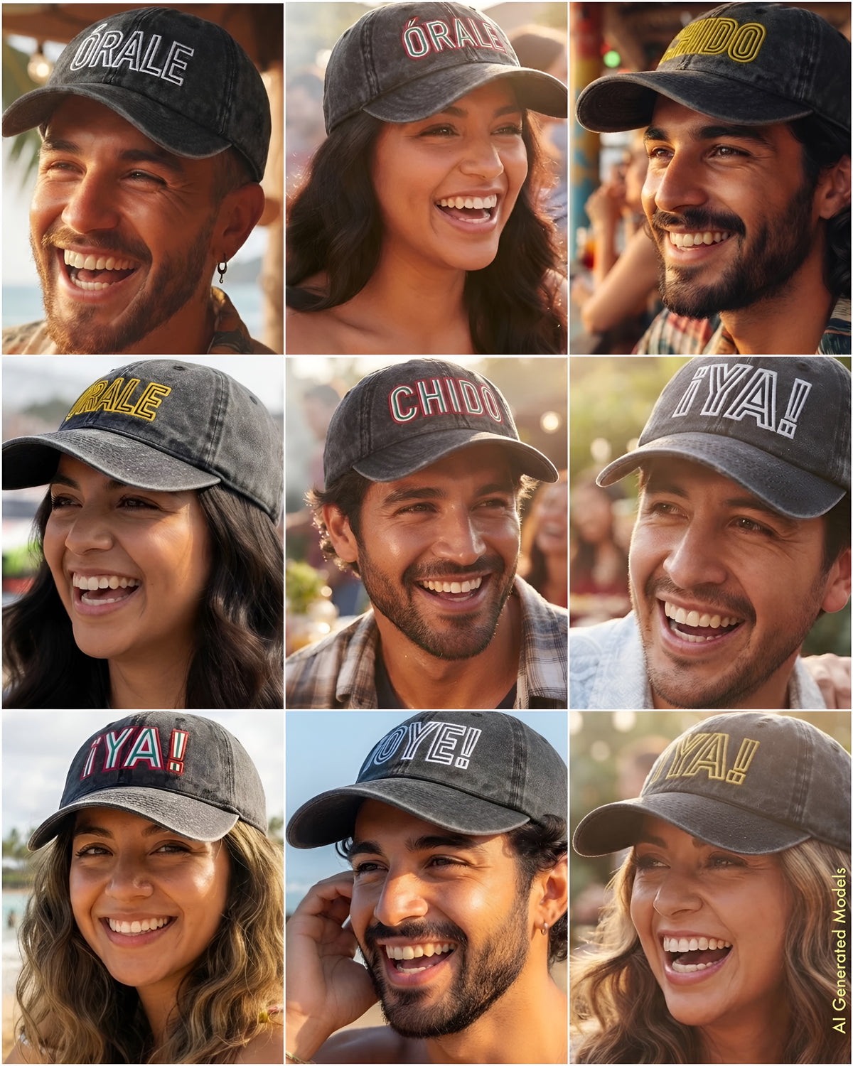 A 3x3 photo grid of happy Mexican-American models wearing distressed black vintage-style dad hats with colorful embroidered Spanish slang including Órale, Chido, ¡Ya!, and ¡Oye!.