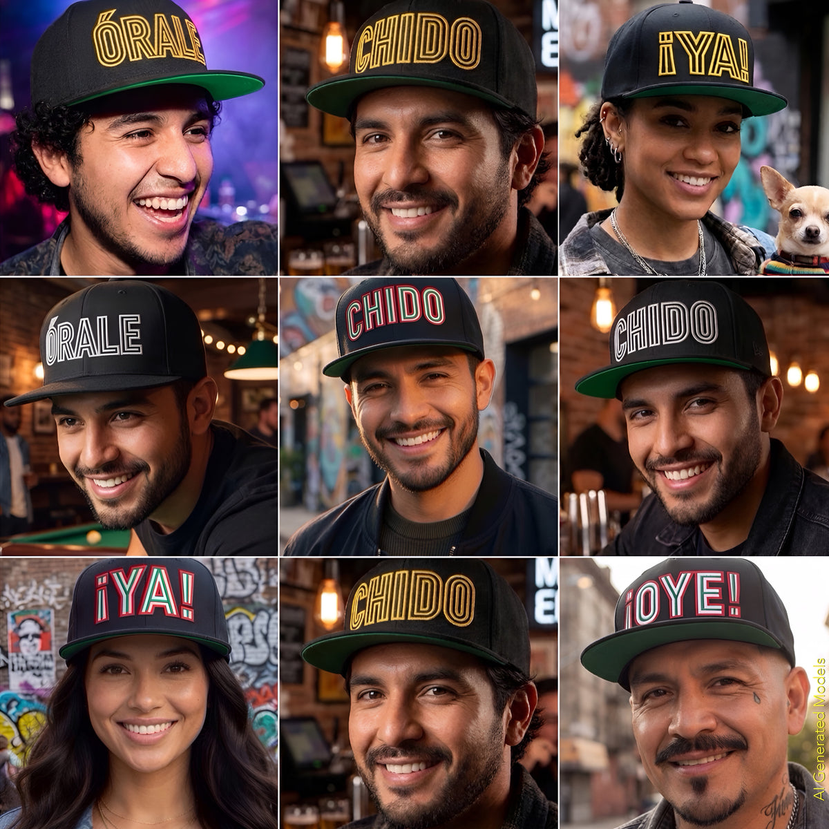 Collage showcasing Mexican-American streetwear models wearing black flat-brim caps with bold typography embroidery from the ¡OYE! Originals headwear collection.