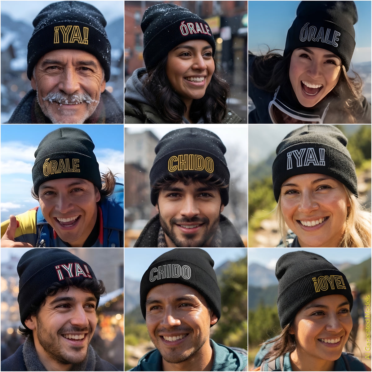 A 3x3 photo grid of smiling Mexican-American models wearing black winter knit beanies with embroidered Mexican slang text including ¡Ya!, Órale, Chido, and ¡Oye!.